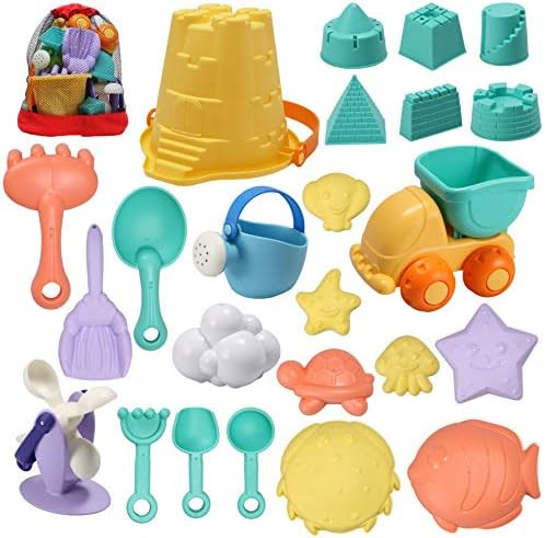 JOYIN 24 Pcs Beach Sand Toys Set with Mesh Bag Includes Sand Water Wheel, Sandbox Vehicle, Sand Mold | Amazon (US)