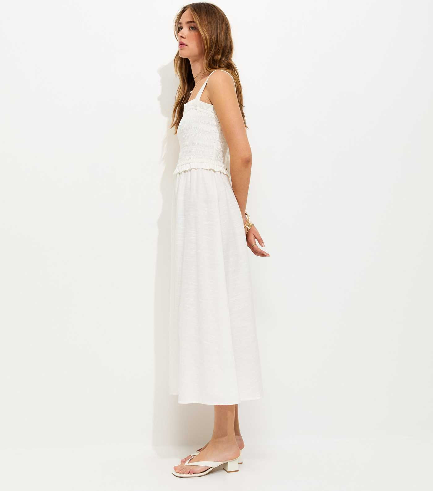 White Cotton Shirred Bow Strap Midi Dress | New Look | New Look (UK)
