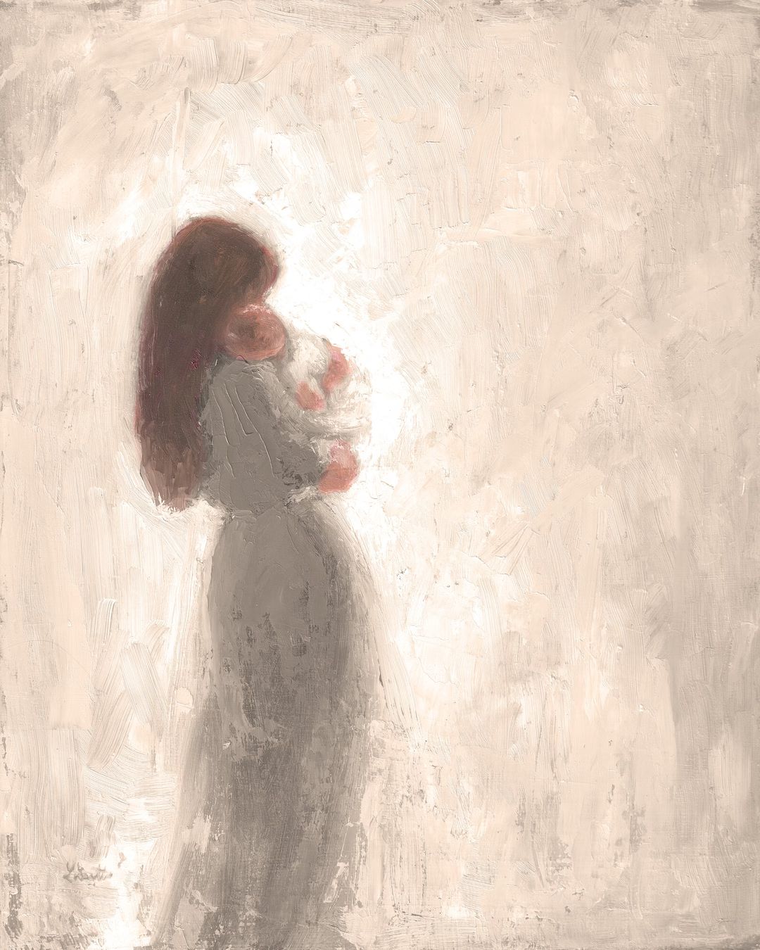 Mother with long dark hair and Baby (No wings) with sepia and grey colors Original Oil Painting F... | Etsy (US)