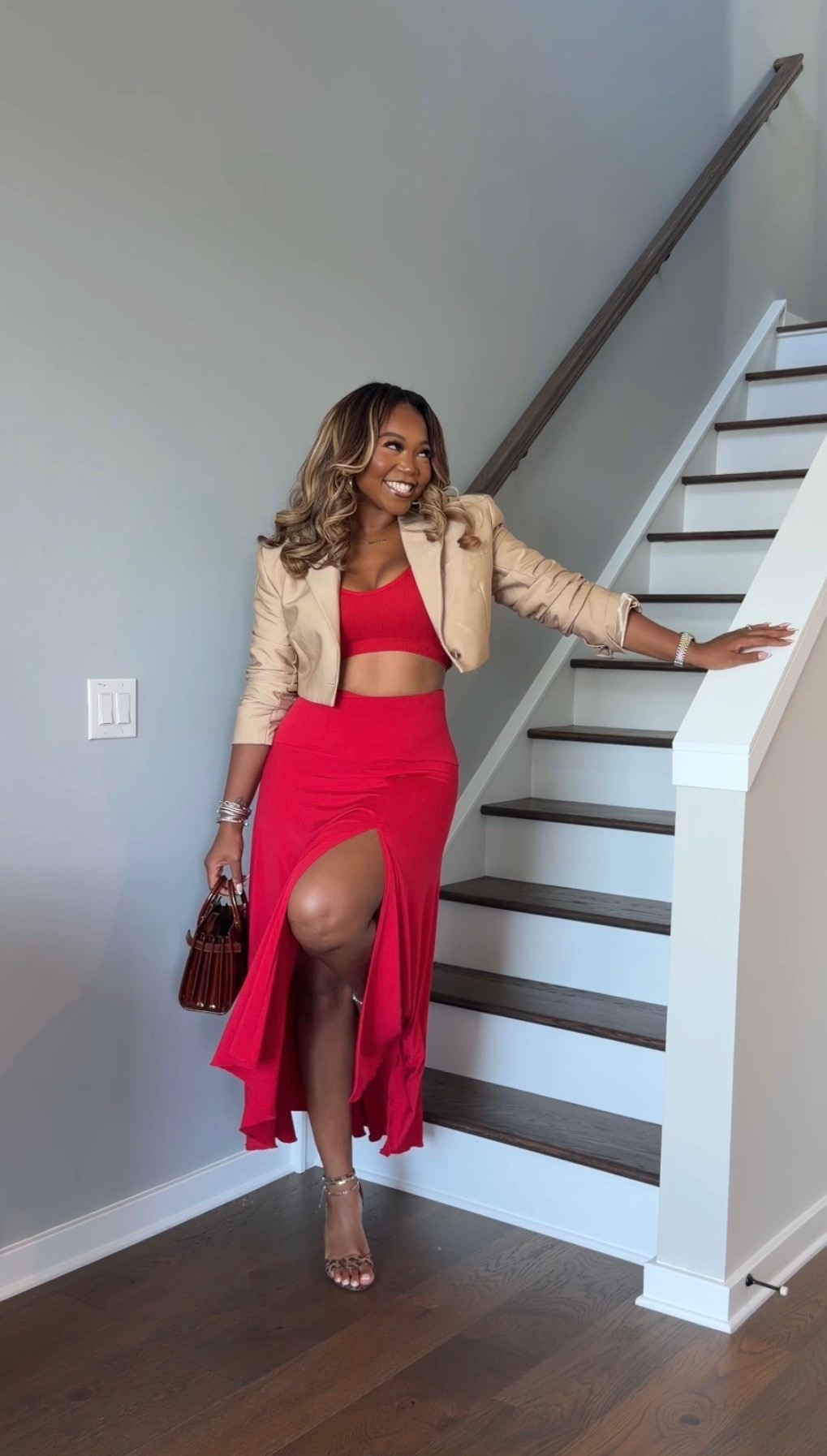 Love this look wearing a medium crop blazer and a linked similar top and skirt. I would wear a medium top and a large or size 8-10 skirt