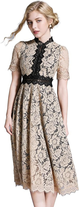 LAI MENG FIVE CATS Women's Short Sleeve Elegant Floral Lace Cocktail Party Swing Midi Dance Dress | Amazon (US)