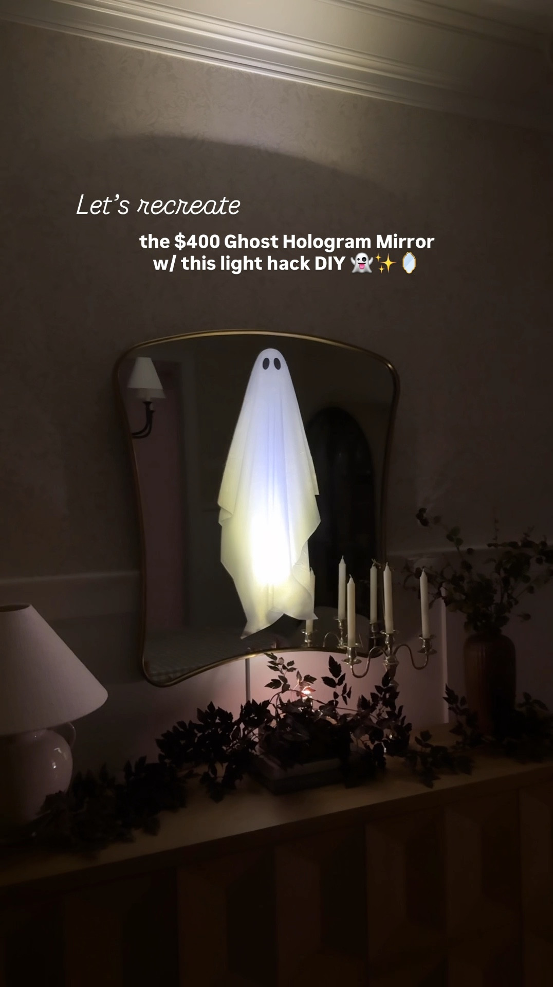 Ghost hologram mirror DIY! Exact Amazon decal, spotlight & garland plus a few different mirrors that will work! 

#LTKSeasonal #LTKHome #LTKFindsUnder50