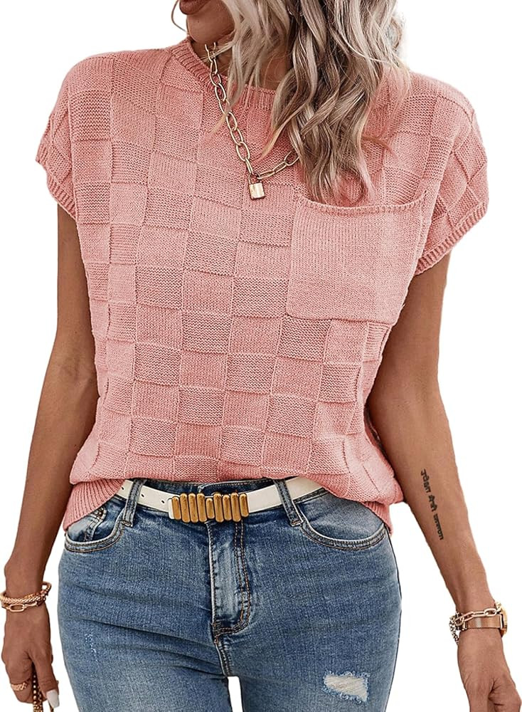 SHEWIN Womens Summer Cap Sleeve Tops Casual Crewneck Knit Short Sleeve Sweater Loose Fit Lightwei... | Amazon (US)