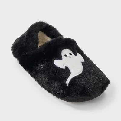 Women's Ghost Embroidered Halloween Faux Fur Slipper Socks with Grippers - Hyde and EEK! Boutique™ Black/White M/L | Target