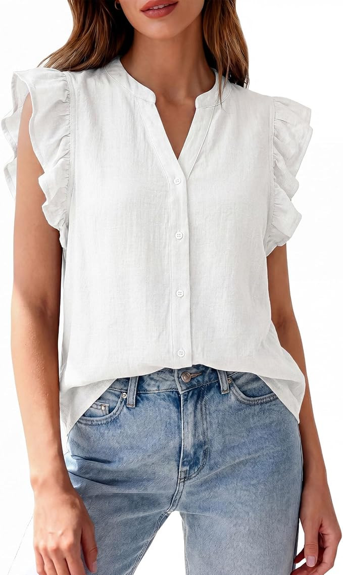 Zenlonr Women's Ruffle Short Sleeve Summer Tops 2026 V Neck Button Down Shirt Solid Color Going O... | Amazon (US)