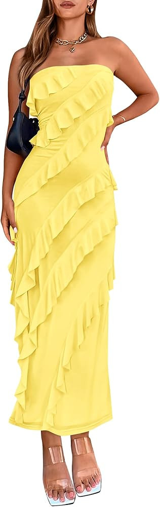 BTFBM Women Summer Elegant Strapless Midi Ruched Bodycon Dress Solid Color Stretch Mesh Slim Part... | Amazon (US)