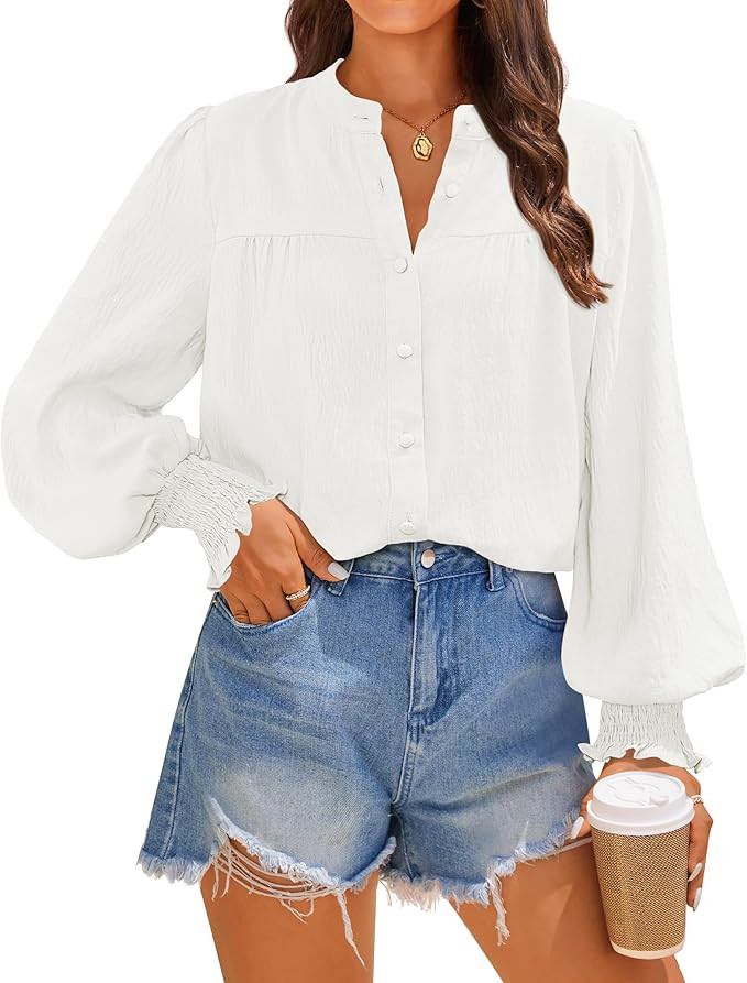 ZESICA Womens Button Down Shirts 2024 Smocked Cuffed Solid Lantern Long Sleeve Blouse Fall Fashio... | Amazon (US)