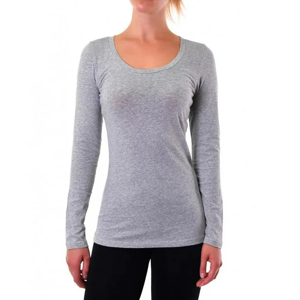 Basic Grey Long Sleeve Top T-Shirt Stretch Tight Fit Crew Neck Junior Women SLM | Walmart (US)