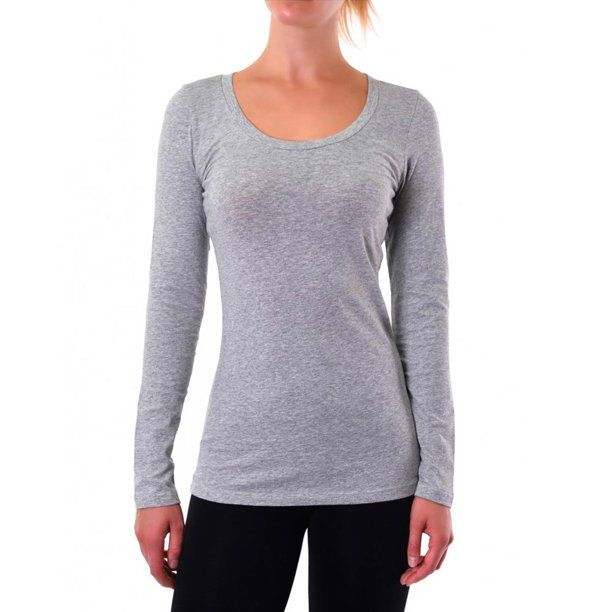 Basic Grey Long Sleeve Top T-Shirt Stretch Tight Fit Crew Neck Junior Women SLM | Walmart (US)