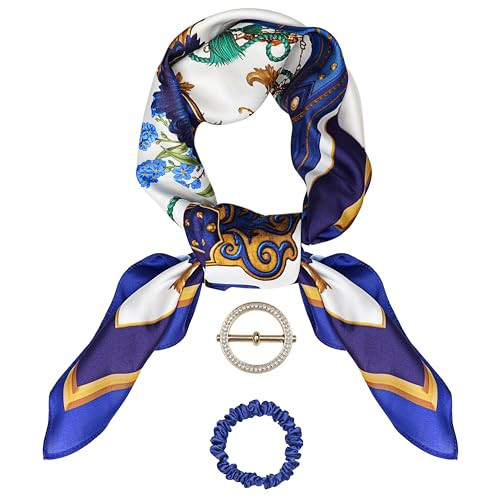 Annika Silk Silk Scarf for Women Elegantly Designed Lightweight 35'' x 35'' Hair Scarf for Sleeping with Hand Seam Silk Scrunchie and Scarf Ring (Blue) | Amazon (US)