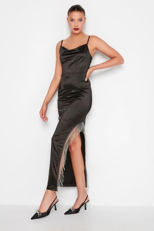 LTS Tall Black Maxi Diamante Spilt Slip Dress | Long Tall Sally