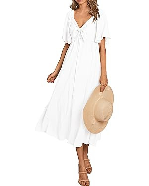 PRETTYGARDEN Summer Dress for Women 2024 Casual Short Sleeve Bow Tie V Neck Ruffle Midi Flowy Dre... | Amazon (US)