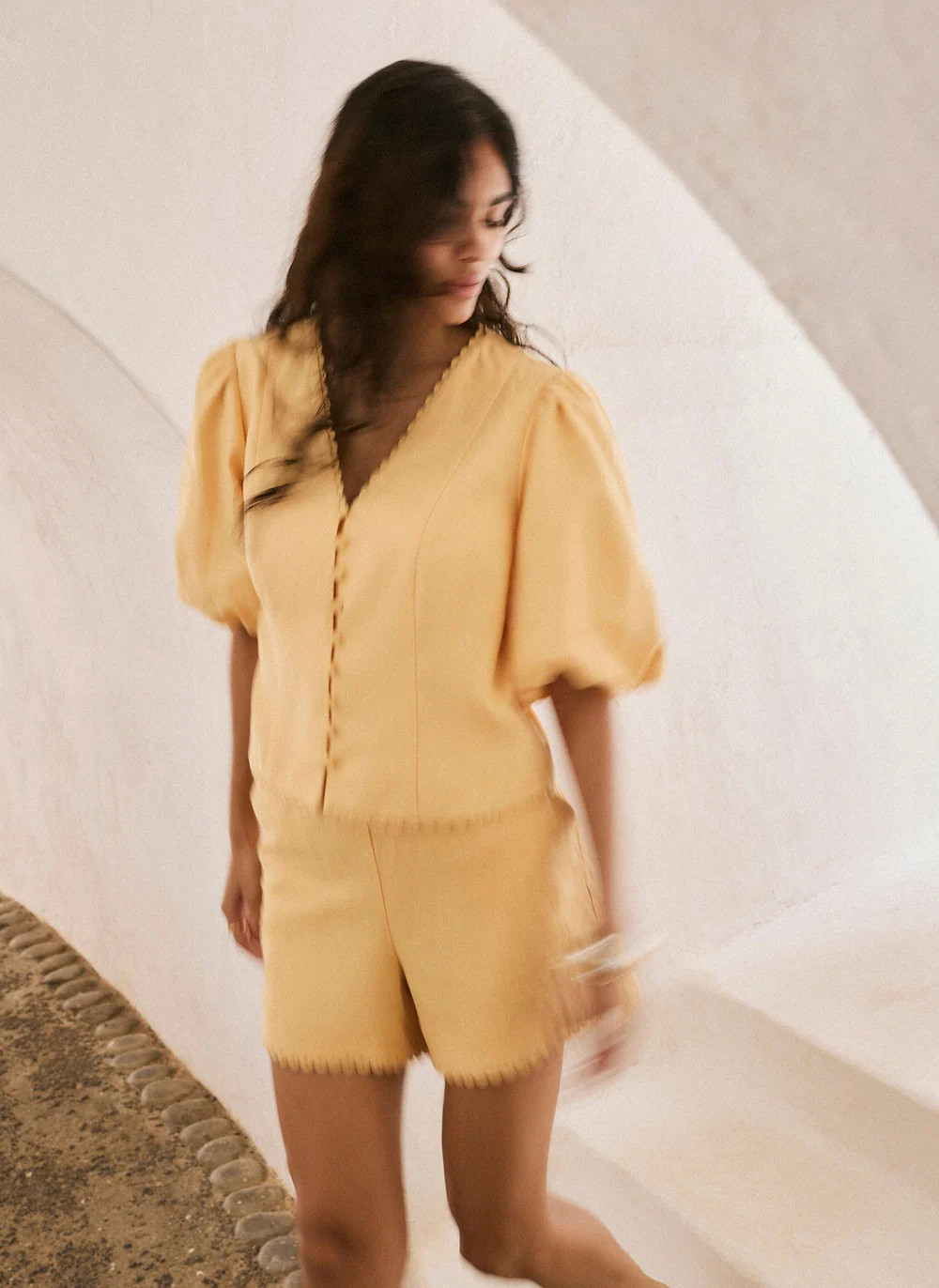 Yellow Linen Puff Sleeve Top | Mint Velvet