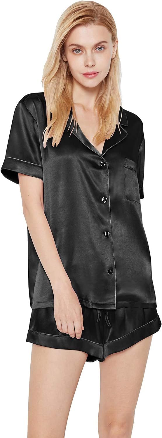SIORO Women Pajamas Sets Satin Short Sleeve Silk Pajamas for Women, Button Down Sleepwear Soft Pj... | Amazon (US)