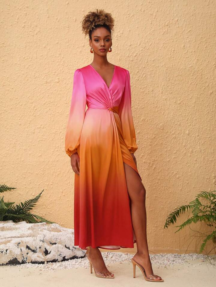 TIYA Women Ombre Printed Long Sleeve Wrap Dress,Elegant Dress,Fall Women Clothes,For Autumn & Win... | SHEIN