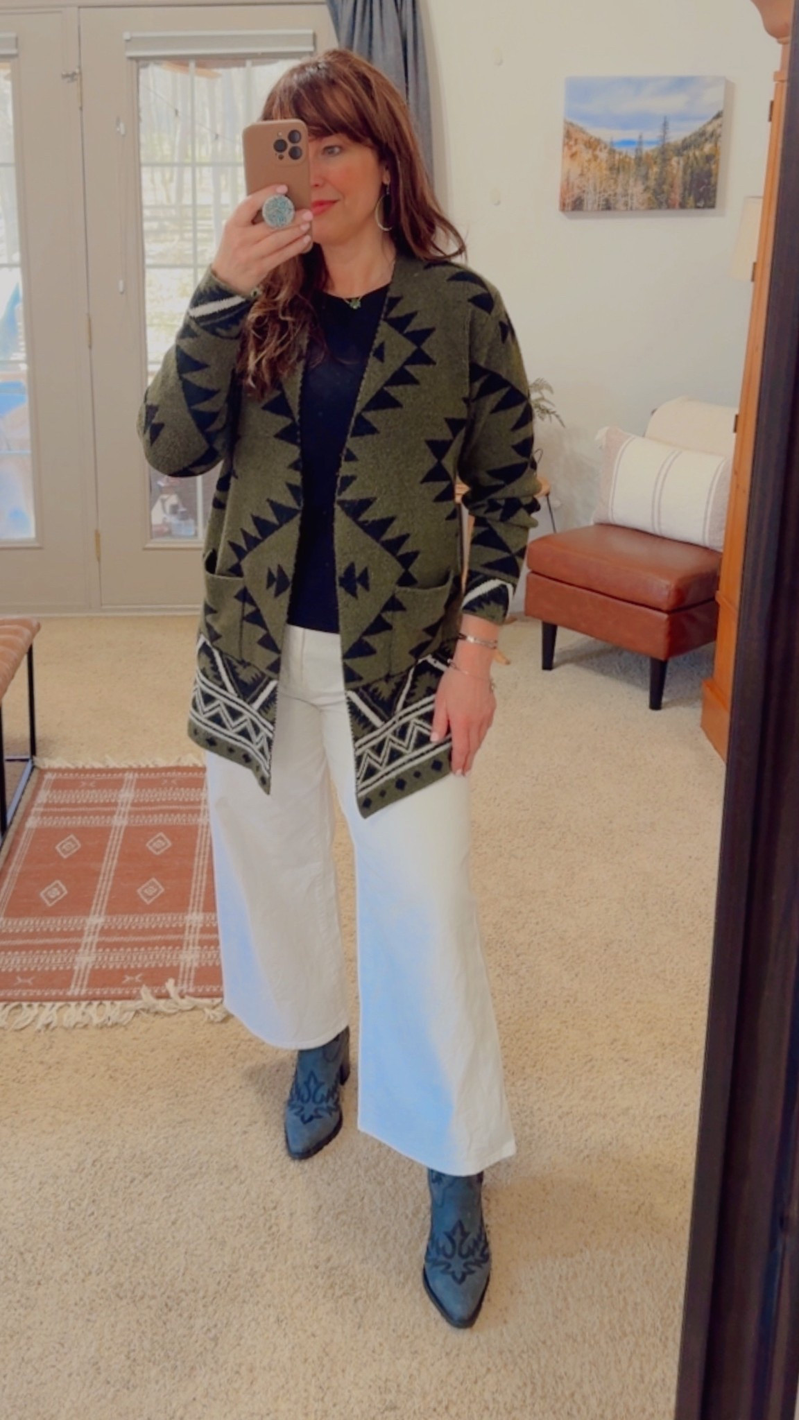 Sunday: church OOTD
boots are TTS (also available in brown or white)
Jeans: size 10
Cardigan size medium 
Tee size large 
work outfits, business casual, cowboy boots, sailor denim, Aztec cardigan, basic tee, 

#LTKWorkwear #LTKMidsize #LTKOver40