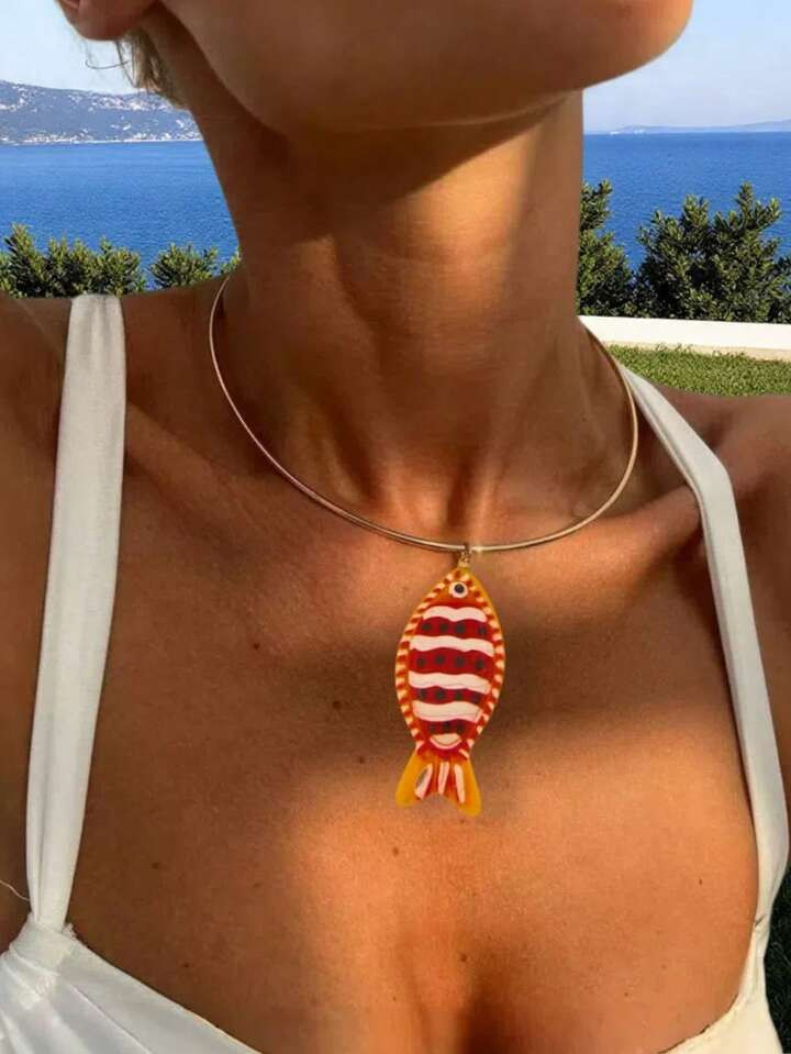 Tropical Fish Metal Choker Necklace, Resin Clownfish Pendant Accessories, Cute Jewelry For Casual... | SHEIN