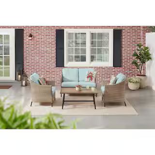 Park Pointe 4-Piece Wicker Patio Conversation Set with Seabreeze Blue Cushions | The Home Depot