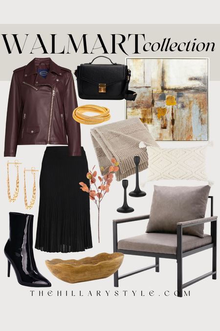 Walmart Collection: Fall fashion and home decor. Leather jacket, pleated black midi skirt, black ankle boots, black crossbody bag, gold earrings, gold bangle bracelet, modern accent chair, neutral abstract frames art, throw blanket, accent pillow, black candle holders, fall eucalyptus stem, wood bowl. Fall outfit, fall home decor, fall fashion, fall home refresh.

#LTKfindsunder50 #LTKSeasonal #LTKhome