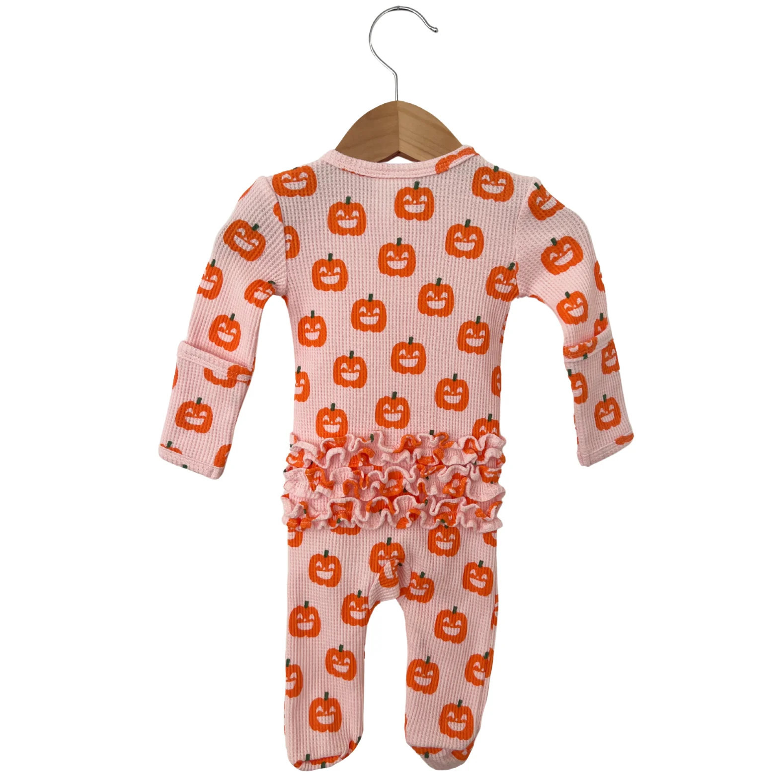 Organic Waffle Ruffle Zip Footie, Blush Jack-O-Lantern | SpearmintLOVE
