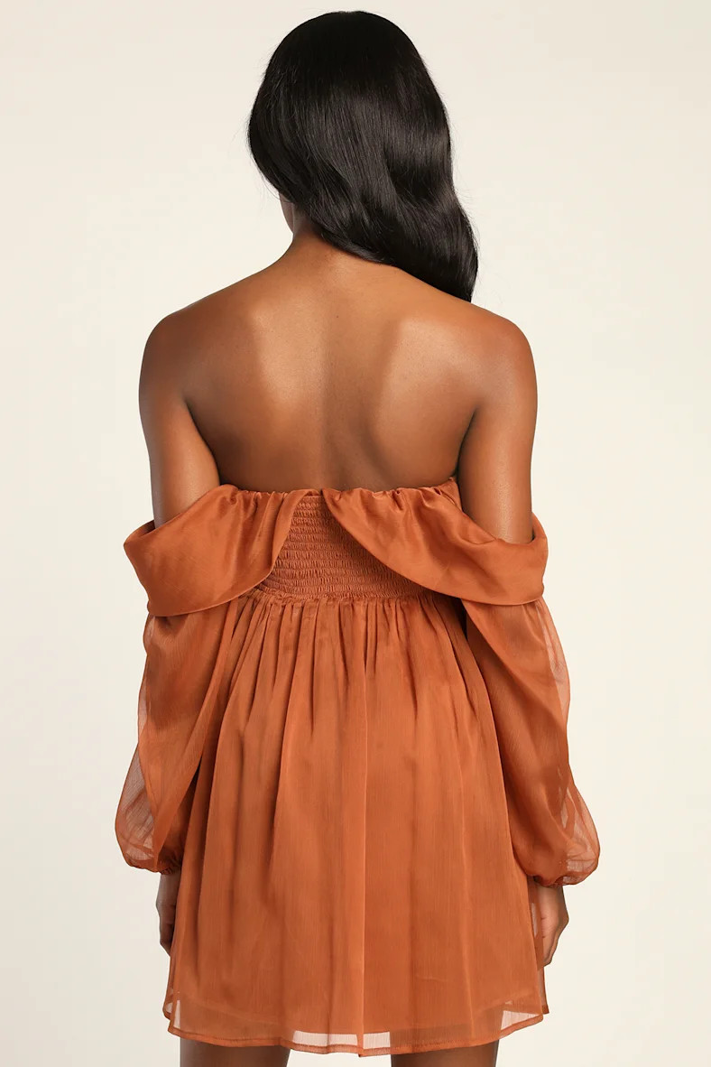 Dream Desire Rust Brown Off-the-Shoulder Long Sleeve Mini Dress | Lulus (US)