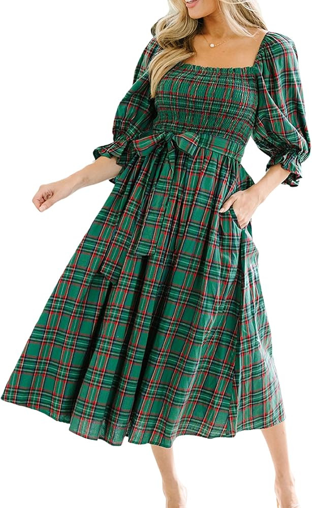 Women Christmas Plaid Maxi Dress Puff Sleeve Smocked Long Flowy Dress Bow Tie Ruffle Gingham Dres... | Amazon (US)