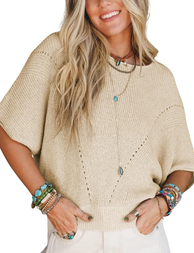 Aedceal Womens Knit Sweater Top Half Batwing Sleeve Crew Neck Crochet Pullover Loose Casual T Shi... | Amazon (US)