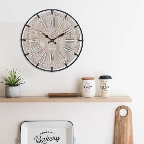 EMAX HOME 12 Inch Farmhouse Wall Clock Rustic Antique Wood with Metal Circle and Large Engraved Numerals, Silent Battery Operated Wall Clock for Office Kitchen Bedroom Living Room | Amazon (US)