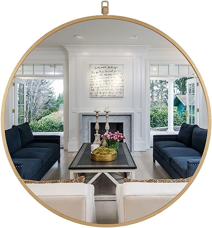 Round Mirror 36 Inch Circle Mirrors Wall Mounted Gold Metal Framed with Decor Hanging Hooks Moder... | Amazon (US)