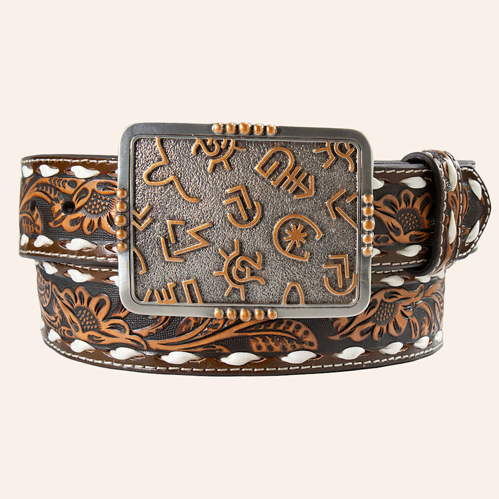 Angel Ranch Women's Brown Floral Tooled Buckstitch Brand Buckle Belt | Cavender's