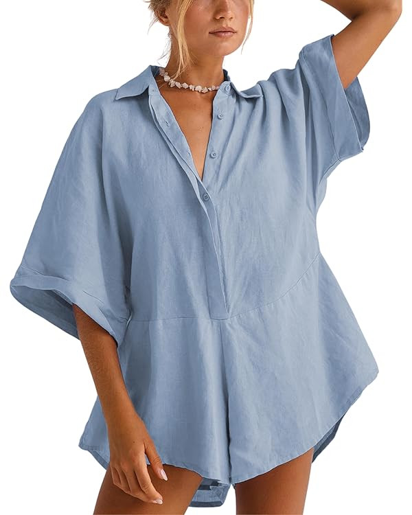 Women One Piece Jumpsuit V-Neck Half Button Collared Rompers Short Sleeve Onesie Playsuit Loose O... | Amazon (US)