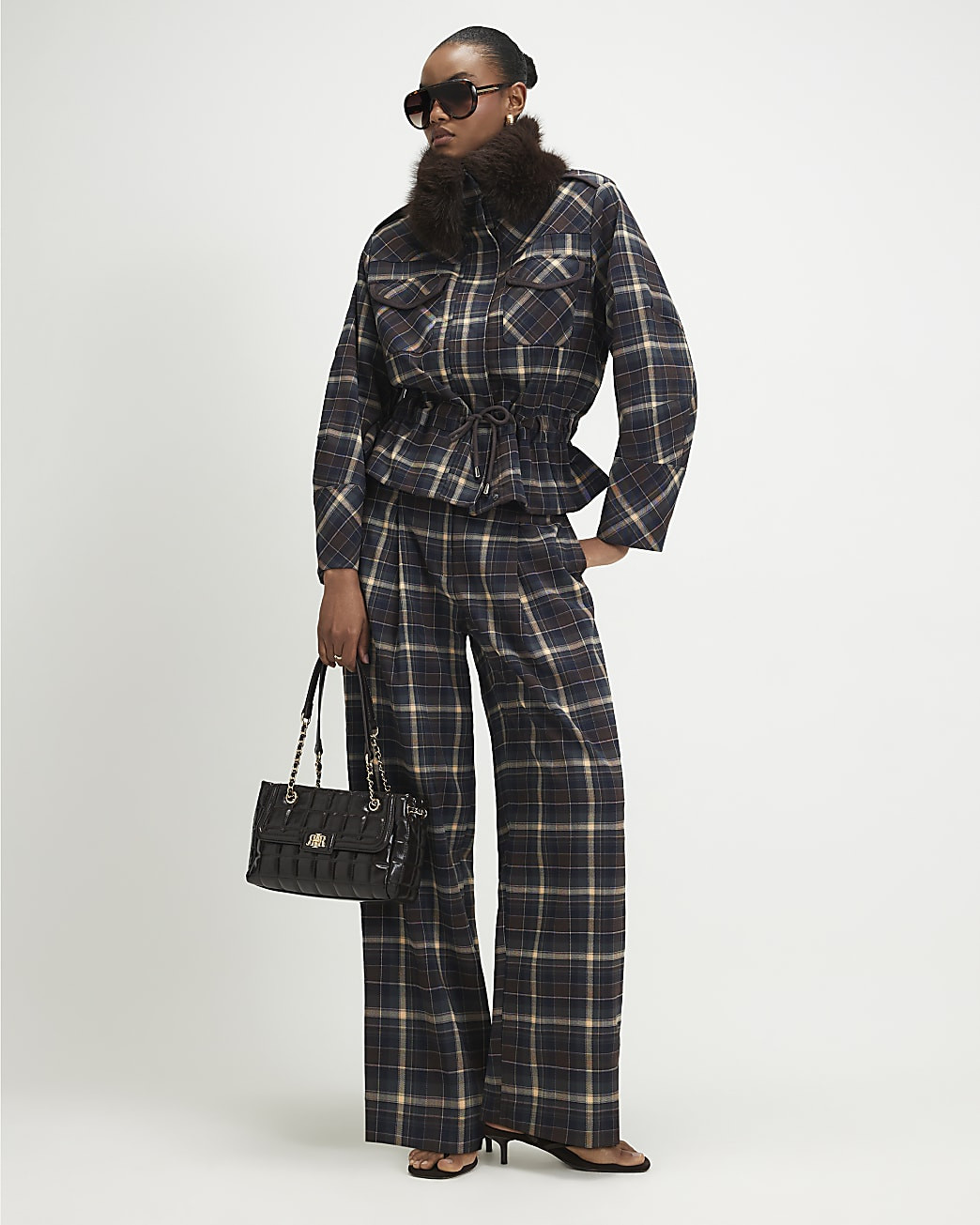 Blue Check Faux Fur Collar Parka Jacket | River Island UK & IE