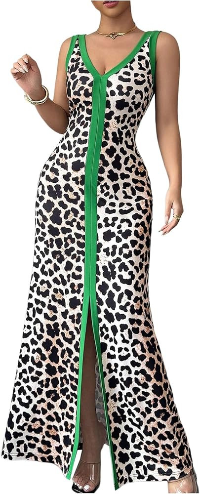 GORGLITTER Women's Leopard Cheetah Maxi Dress Animal Print High Slit V Neck Long Dresses | Amazon (US)