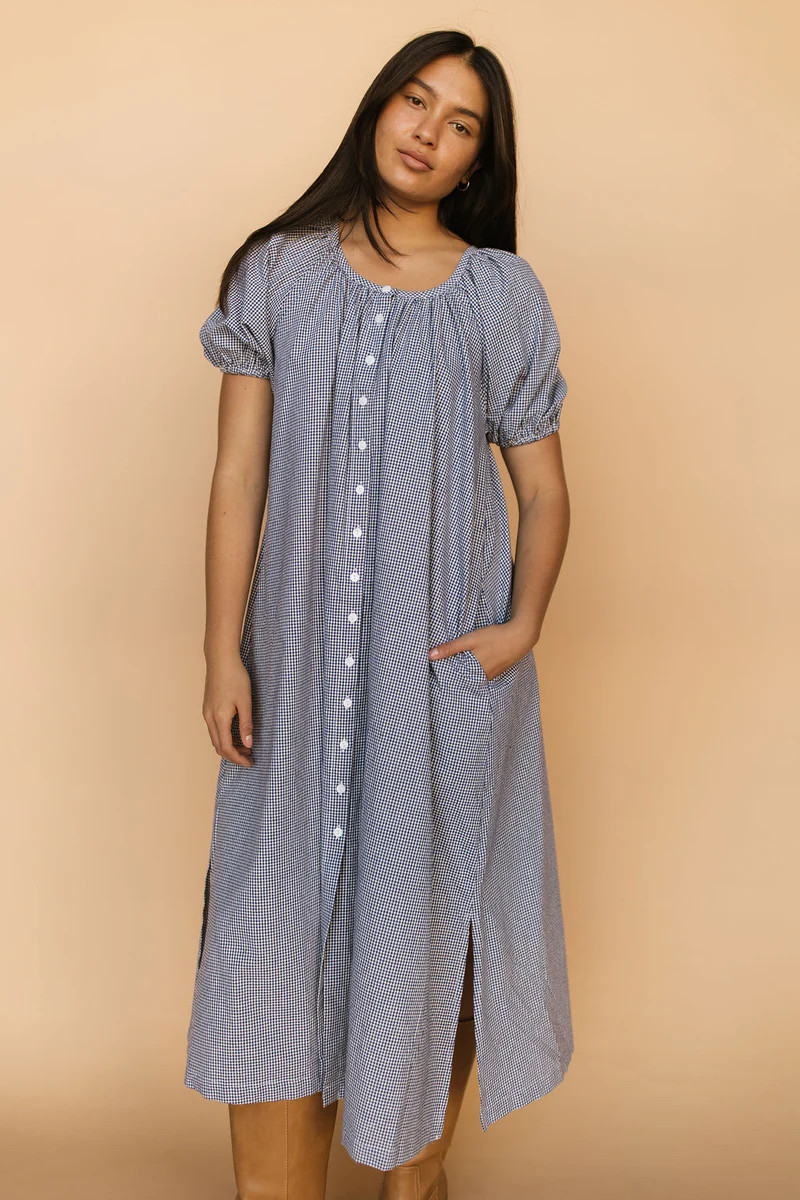 Eliza Gingham Midi in Navy | Henly