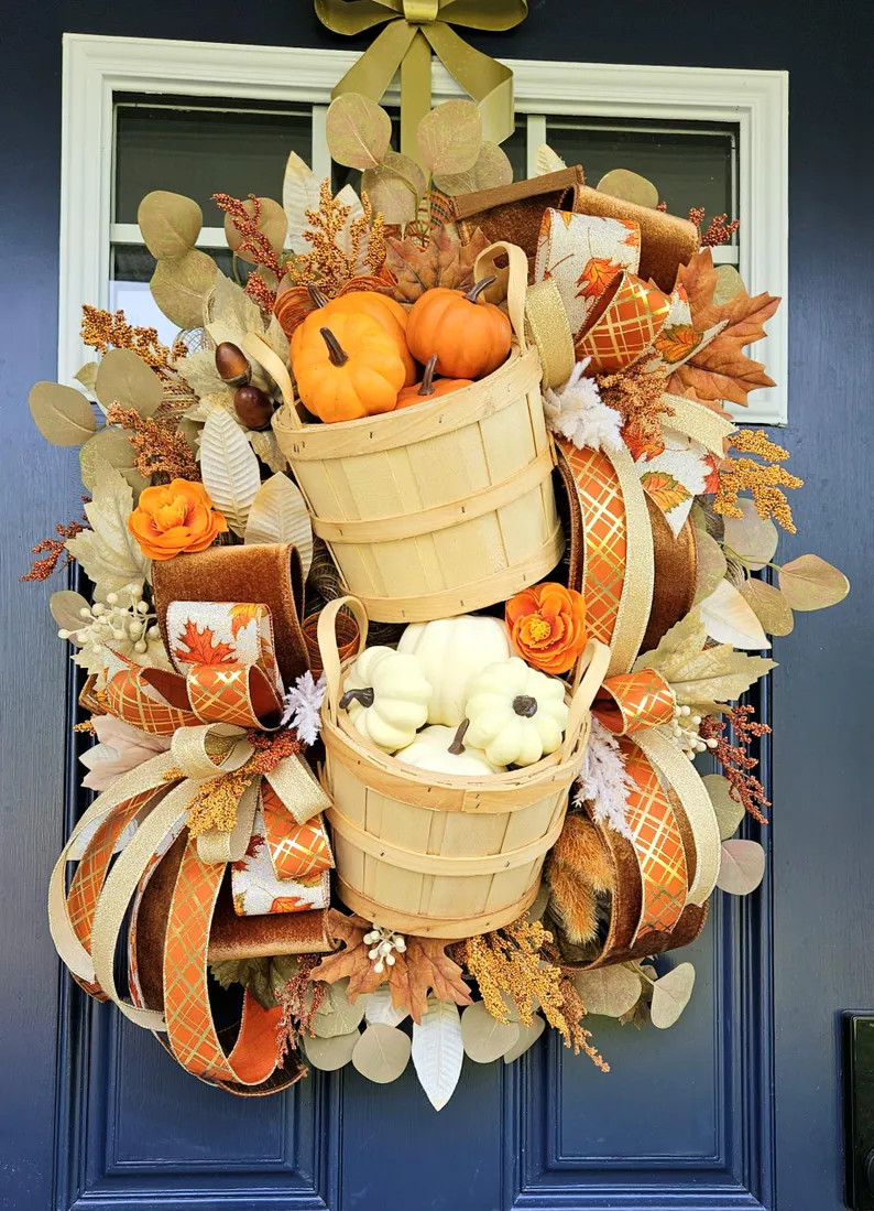 Large Fall Pumpkin Wreath for Front Door, Autumn Harvest Door Hanger, Farmhouse Thanksgiving Deco... | Etsy (Global)