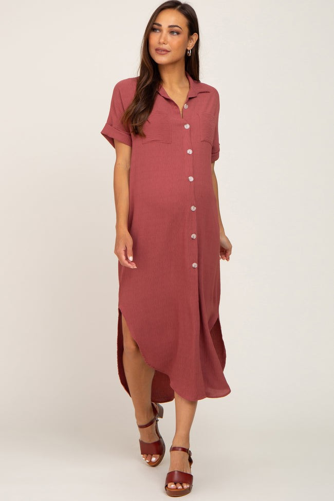 Rust Button Down Hi Low Maternity Maxi Dress | PinkBlush Maternity