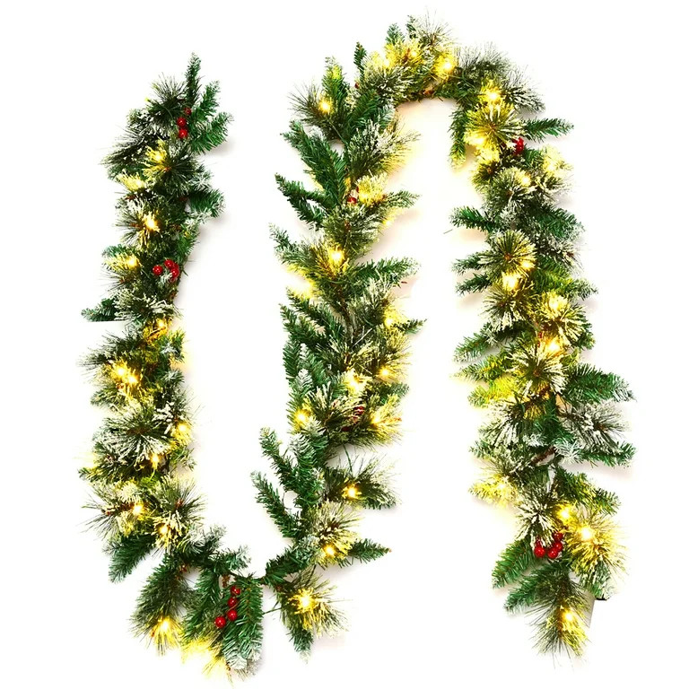 Costway 9ft Pre-lit Christmas Garland w/ Snow Flocked Tips Red Berries 50 Lights & Timer | Walmart (US)
