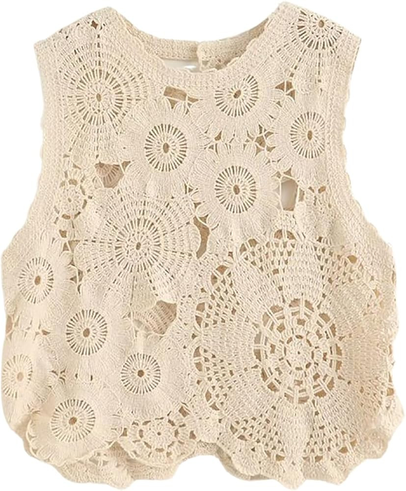 CORIRESHA Girl's Cute Floral Crochet Lace Crew Neck Sleeveless Cotton Preppy Tank Top | Amazon (US)