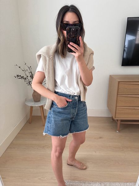 Agolde denim shorts. Love this color. Very comfy. Nice and long so covers your butt. But does have wide leg opening. 

Everlane tee medium
Nordstrom sweater xs
AGOLDE shorts 25. Sizes up 
Jeffrey Campbell flats 5. Size up a half size  

#LTKshoecrush
