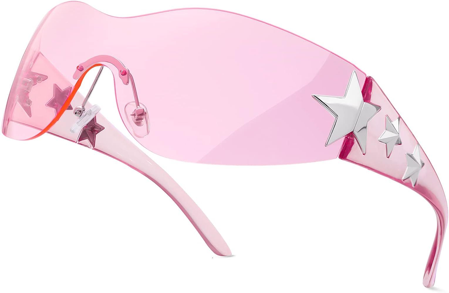 Amazon.com: Haqptul Rimless Y2K Sunglasses Star Wrap Around Glasses 2000S Accessories for Women M... | Amazon (US)