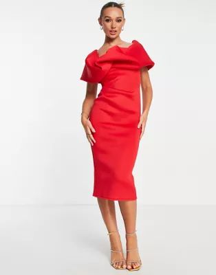 ASOS DESIGN one shoulder bubble detail midi pencil dress in red | ASOS (Global)