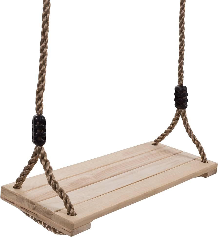 Hey! Play! Wooden Swing, Outdoor Flat Bench Seat with Adjustable Nylon Hanging Rope for Kids Play... | Amazon (US)