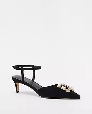 Ann Taylor Crystal Buckle Suede Kitten Heel Pumps | Ann Taylor (US)