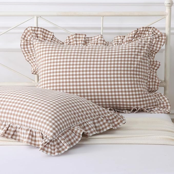 Silnuo Taupe/White Gingham Plaid Ruffled Pillow Covers Queen Size Set of 2 | Amazon (US)