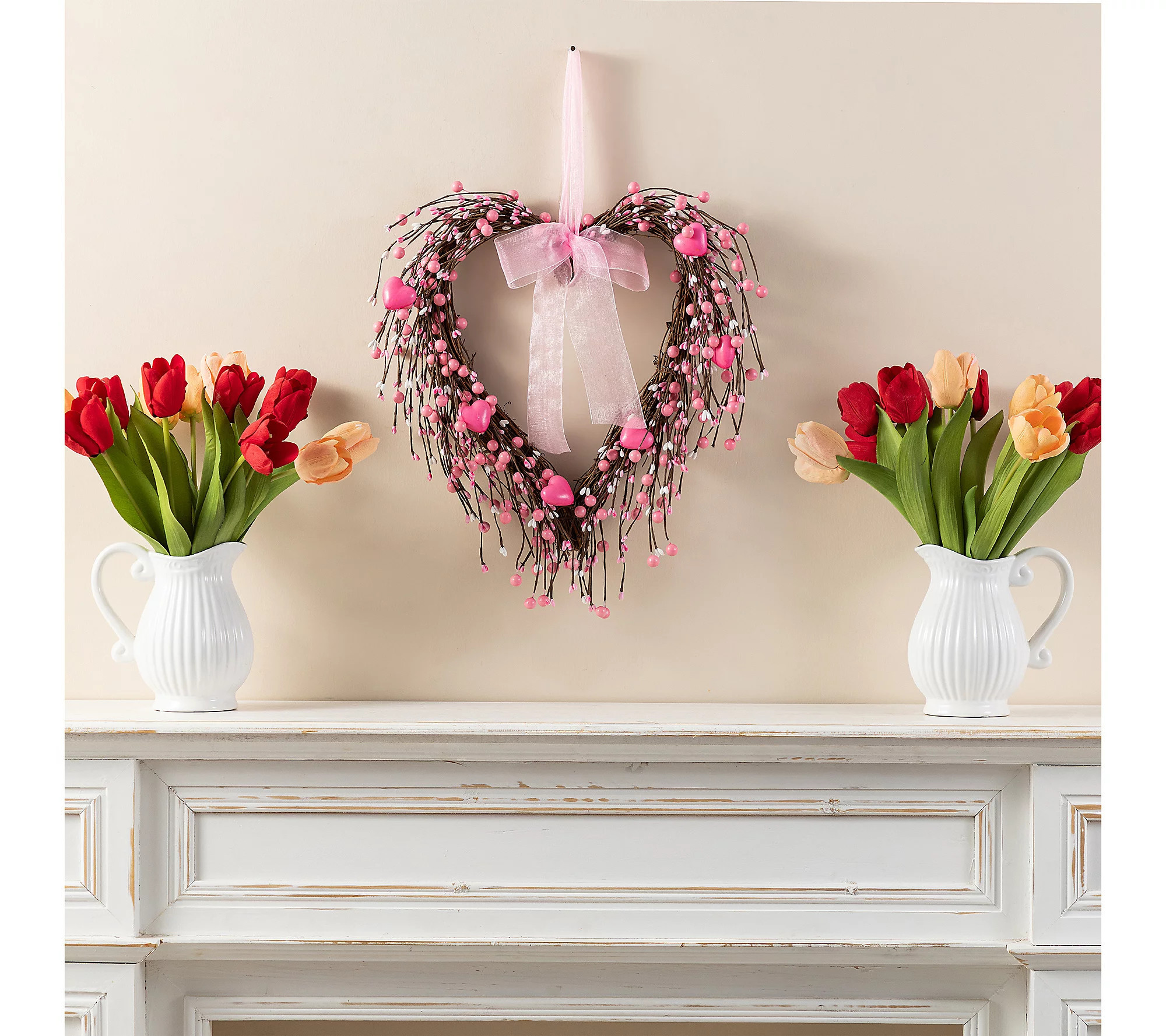 Glitzhome 17""H Valentine's Pink Berry Heart Wre ath | QVC