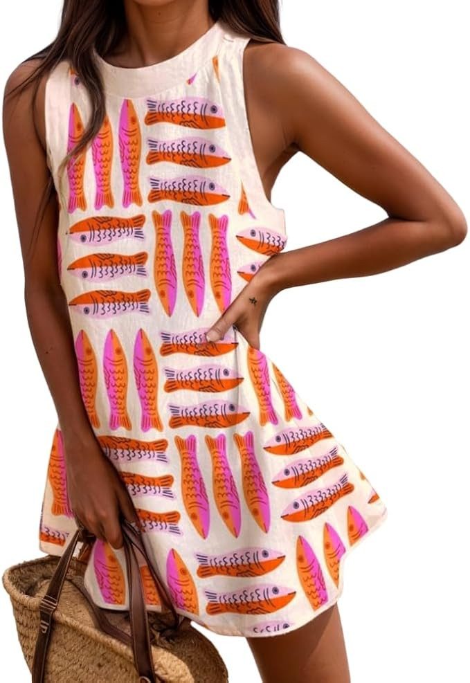 Women's Summer Ocean Animal Print Cotton Linen Mini Tank Dress Casual Loose Sleeveless Beach Vaca... | Amazon (US)