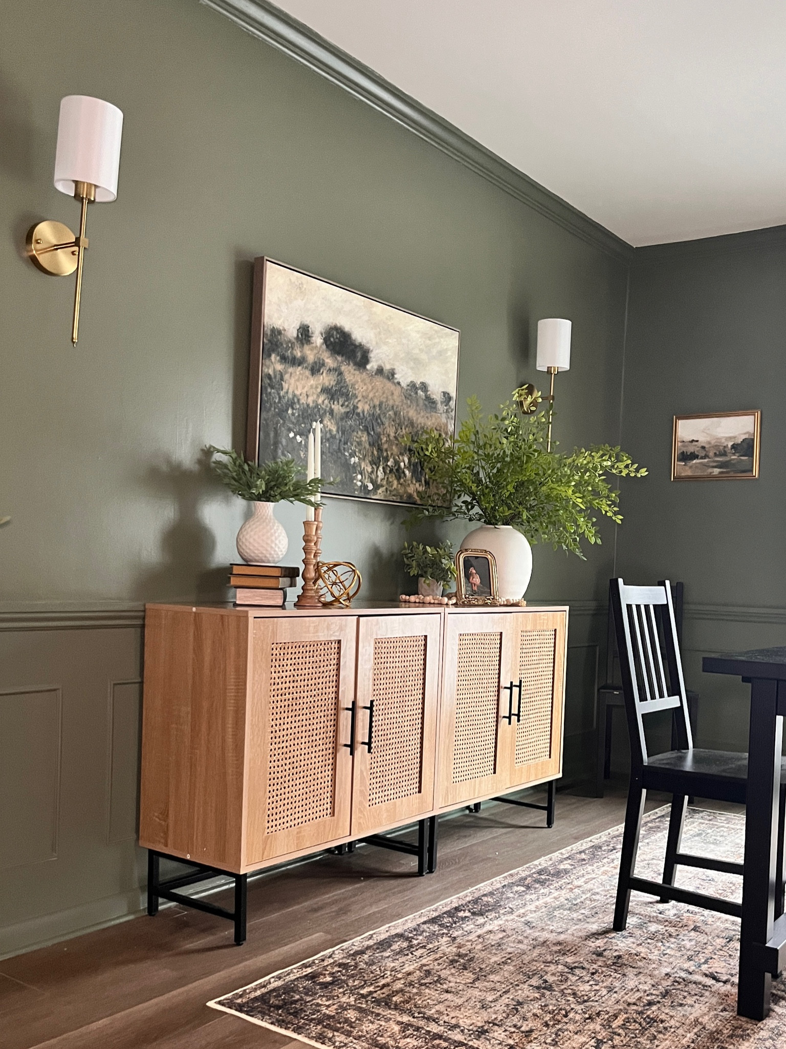 My dining room finds: Set of 2 battery operated wall sconces rechargeable. Sideboard cabinet. Vase. Faux Greenery stems