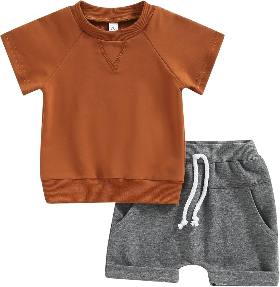 Toddler Baby Boys Summer Clothes Set Short Sleeve Round Neck Solid Color T-Shirt Tops Drawstring Sho | Amazon (US)