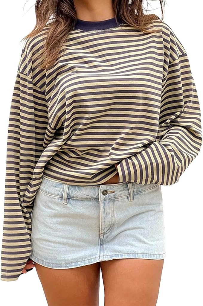 Women Striped Long Sleeve Shirt Crewneck Cropped Pullover Top Fall Winter Vintage Sweatshirt Stre... | Amazon (US)