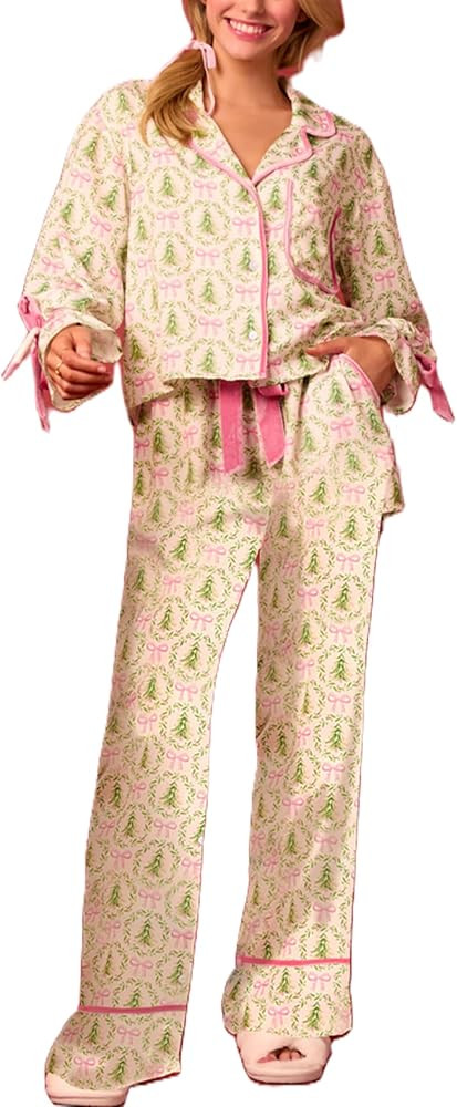 Thopavenoir Women 2 Piece Christmas Pajamas Set Cute Bow Tie Long Sleeve Button Down Shirt High W... | Amazon (US)